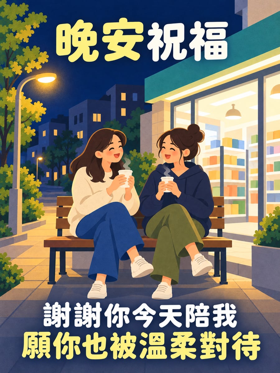 店門口的熱飲。圖中文字：晚安祝福，謝謝你今天陪我，願你也被溫柔對待