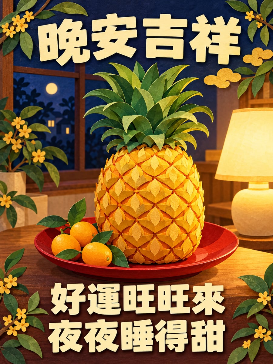 旺來鳳梨。圖中文字：晚安吉祥，好運旺旺來，夜夜睡得甜