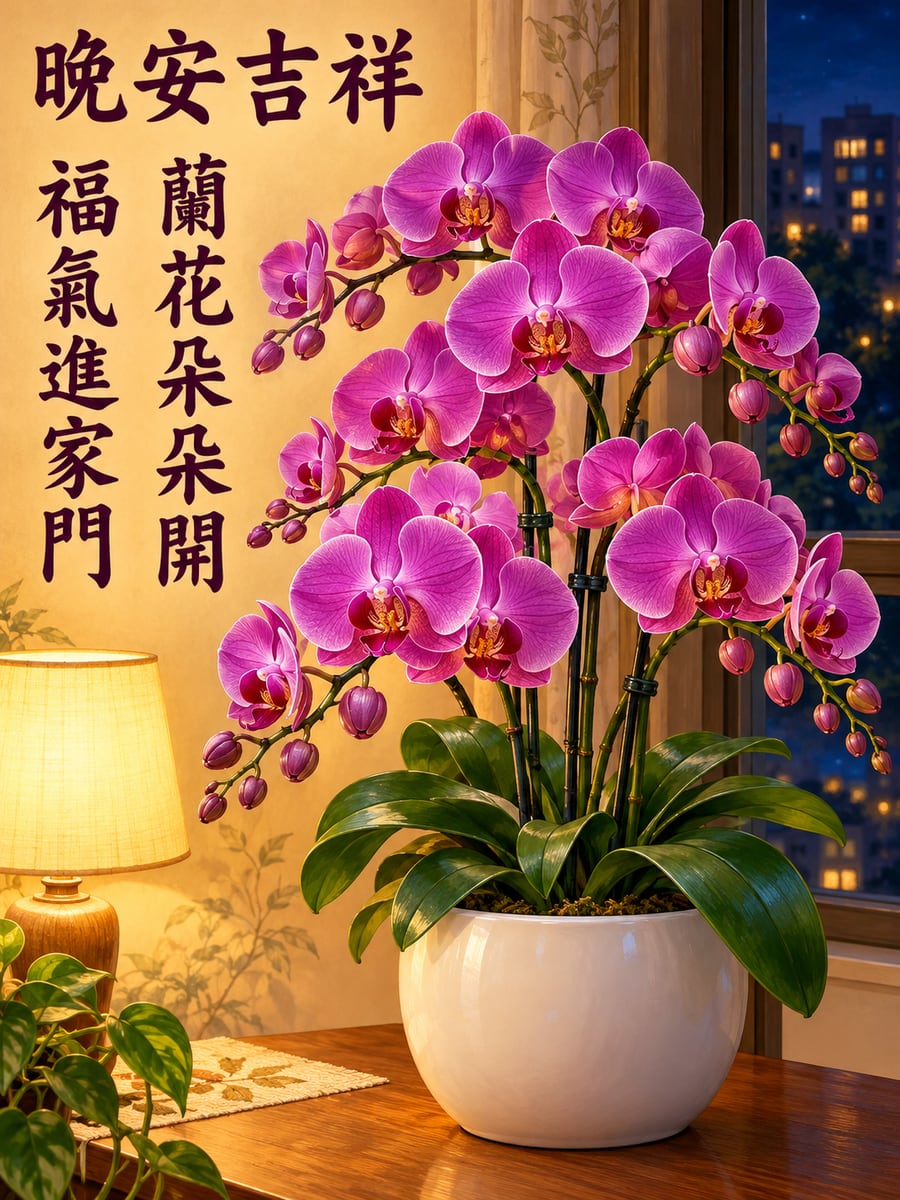 盛開的蝴蝶蘭。圖中文字：晚安吉祥，蘭花朵朵開，福氣進家門