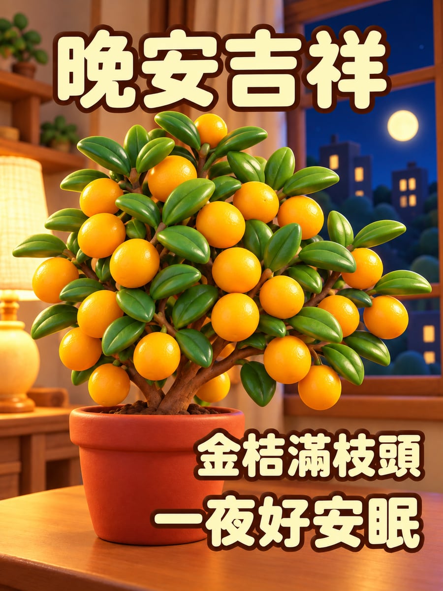 金桔盆栽。圖中文字：晚安吉祥，金桔滿枝頭，一夜好安眠