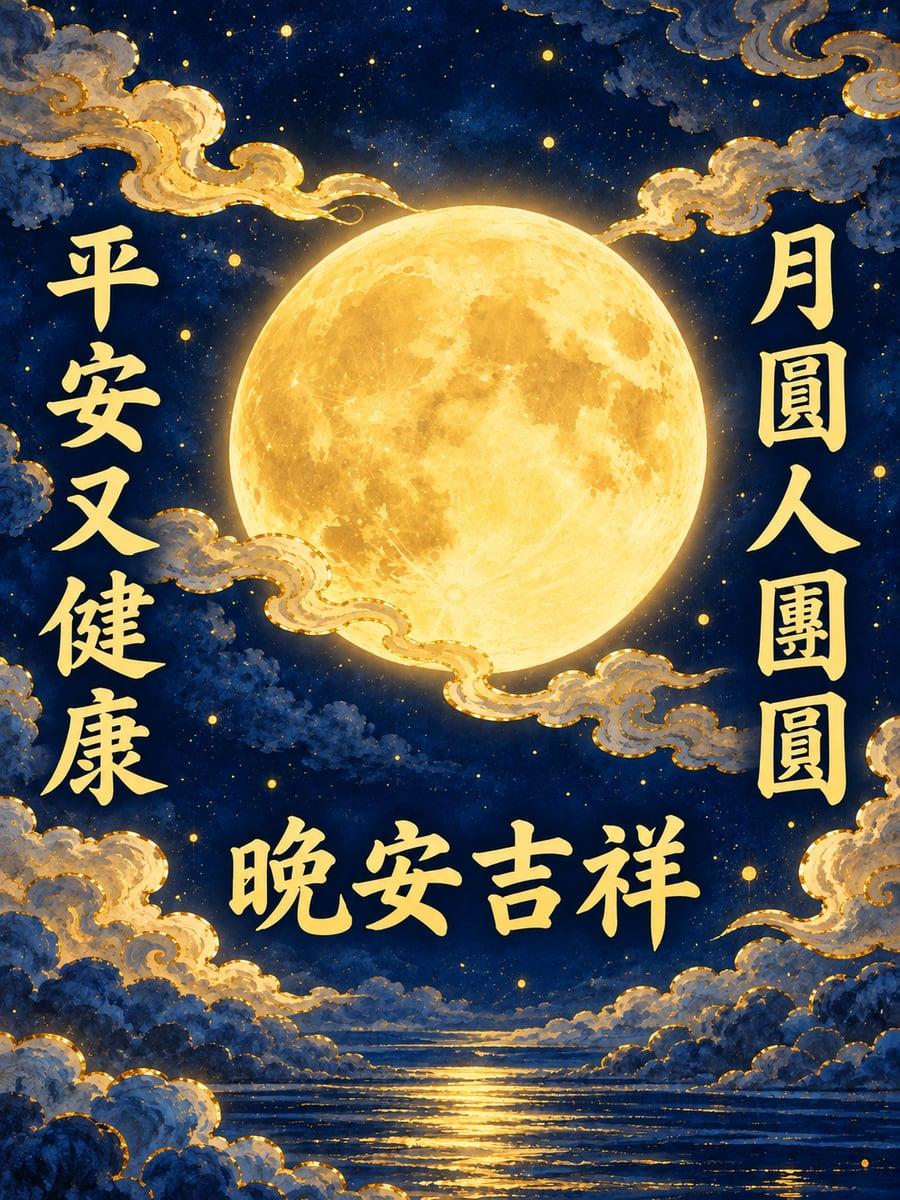 圓月祥雲。圖中文字：晚安吉祥，月圓人團圓，平安又健康