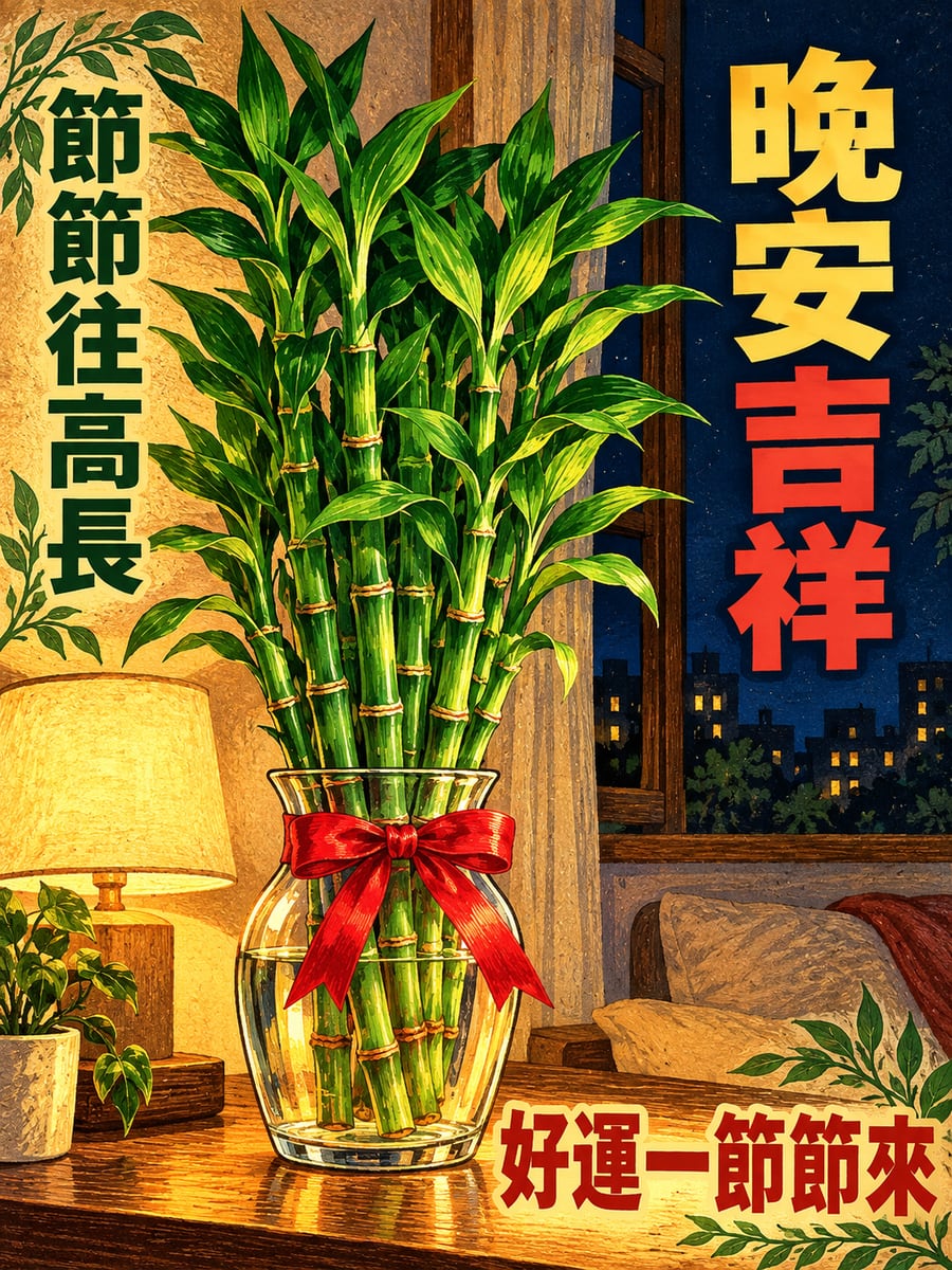 富貴竹。圖中文字：晚安吉祥，節節往高長，好運一節節來