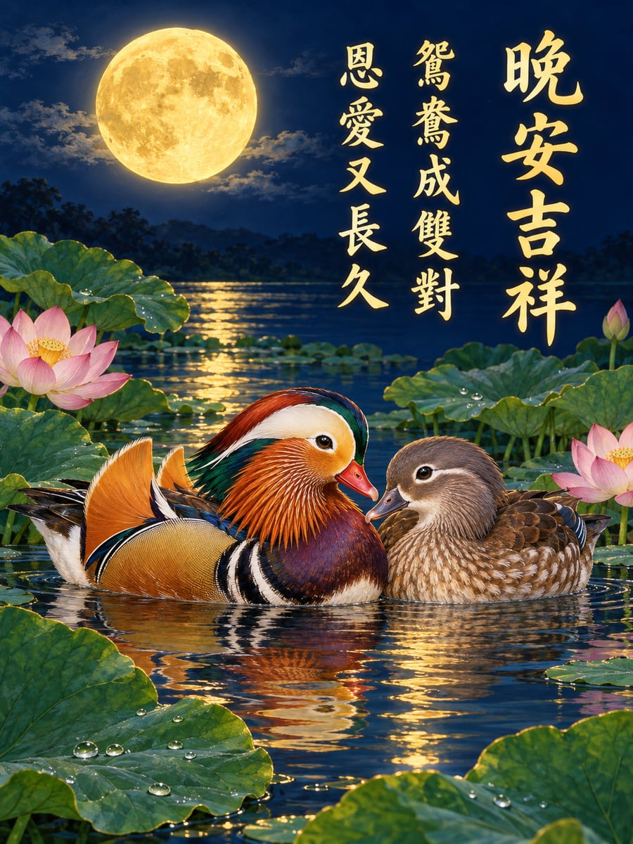月下的鴛鴦。圖中文字：晚安吉祥，鴛鴦成雙對，恩愛又長久
