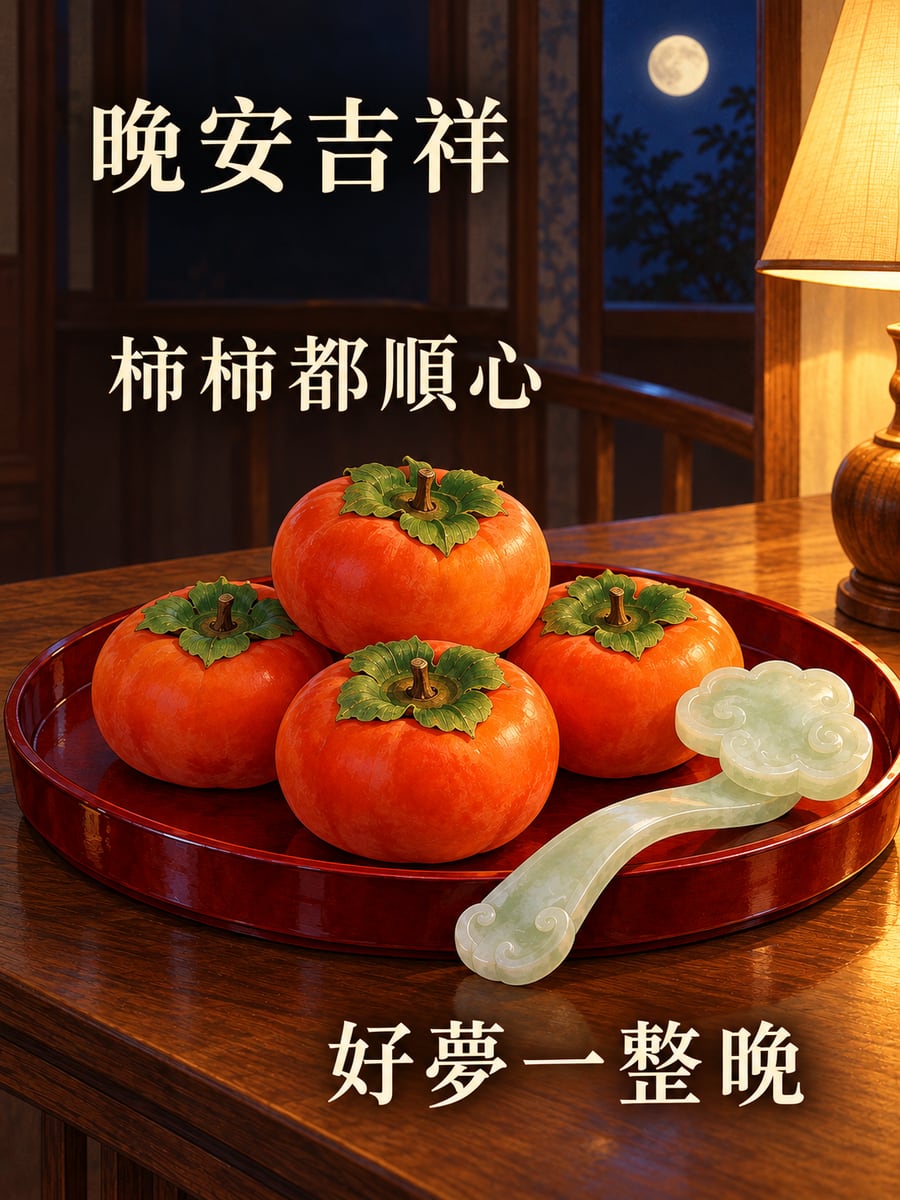 柿柿如意。圖中文字：晚安吉祥，柿柿都順心，好夢一整晚