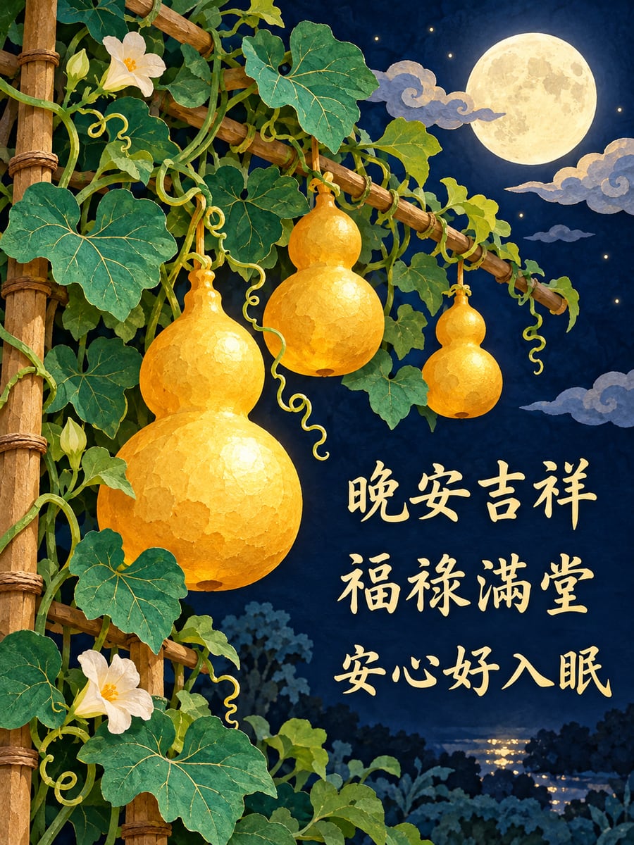 葫蘆與祥雲。圖中文字：晚安吉祥，福祿滿堂，安心好入眠