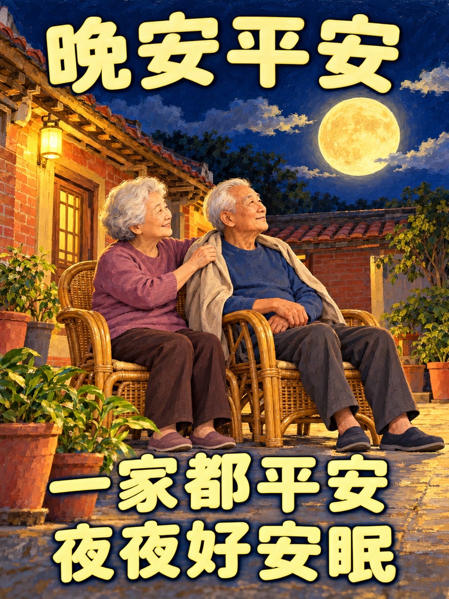 老夫妻賞月。圖中文字：晚安平安，一家都平安，夜夜好安眠