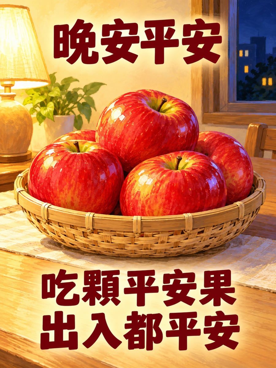 平安果。圖中文字：晚安平安，吃顆平安果，出入都平安