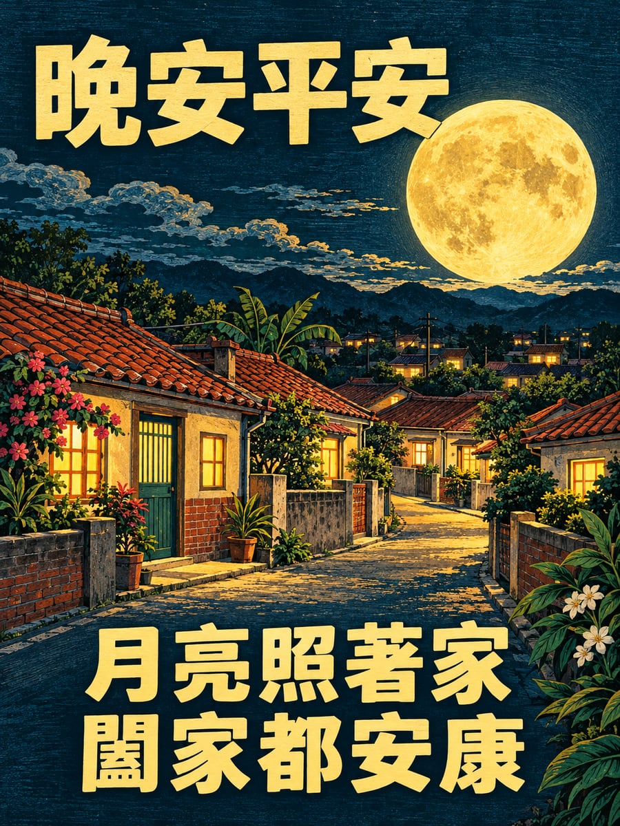 月亮照著家。圖中文字：晚安平安，月亮照著家，闔家都安康