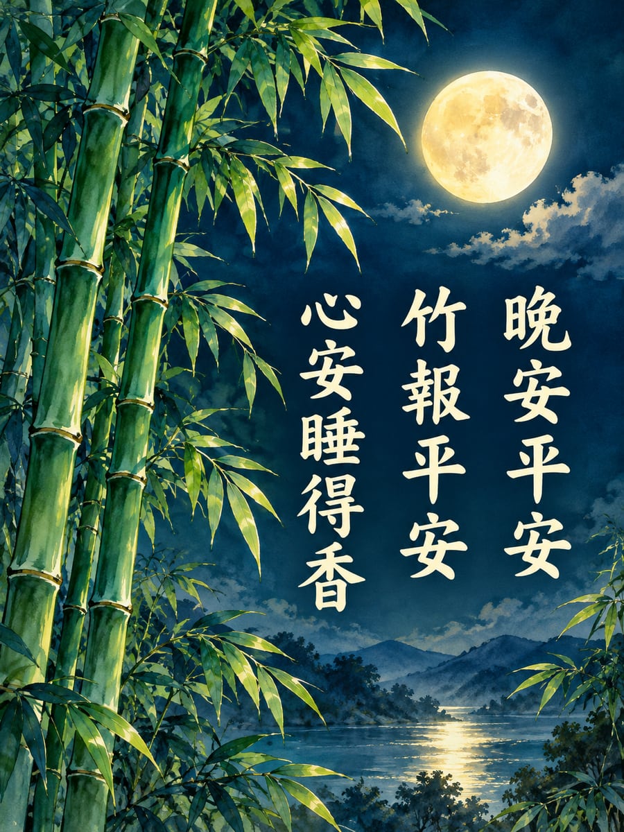 竹報平安。圖中文字：晚安平安，竹報平安，心安睡得香
