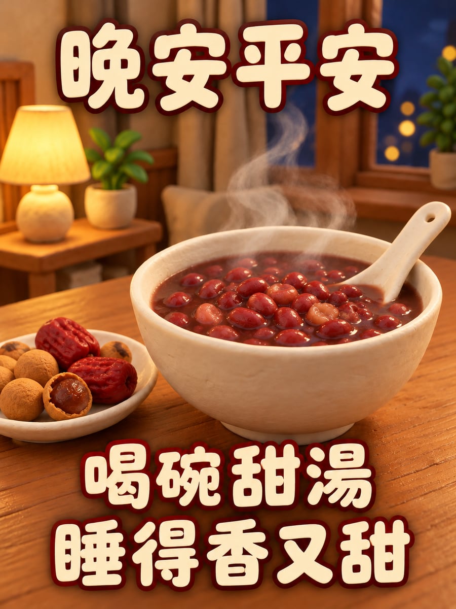 一碗紅豆湯。圖中文字：晚安平安，喝碗甜湯，睡得香又甜