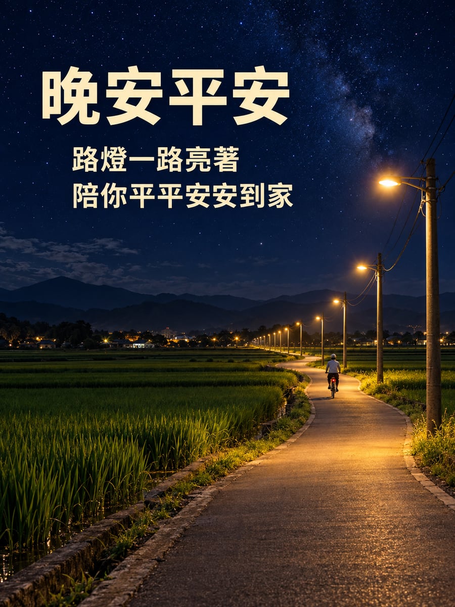 鄉間小路的路燈。圖中文字：晚安平安，路燈一路亮著，陪你平平安安到家