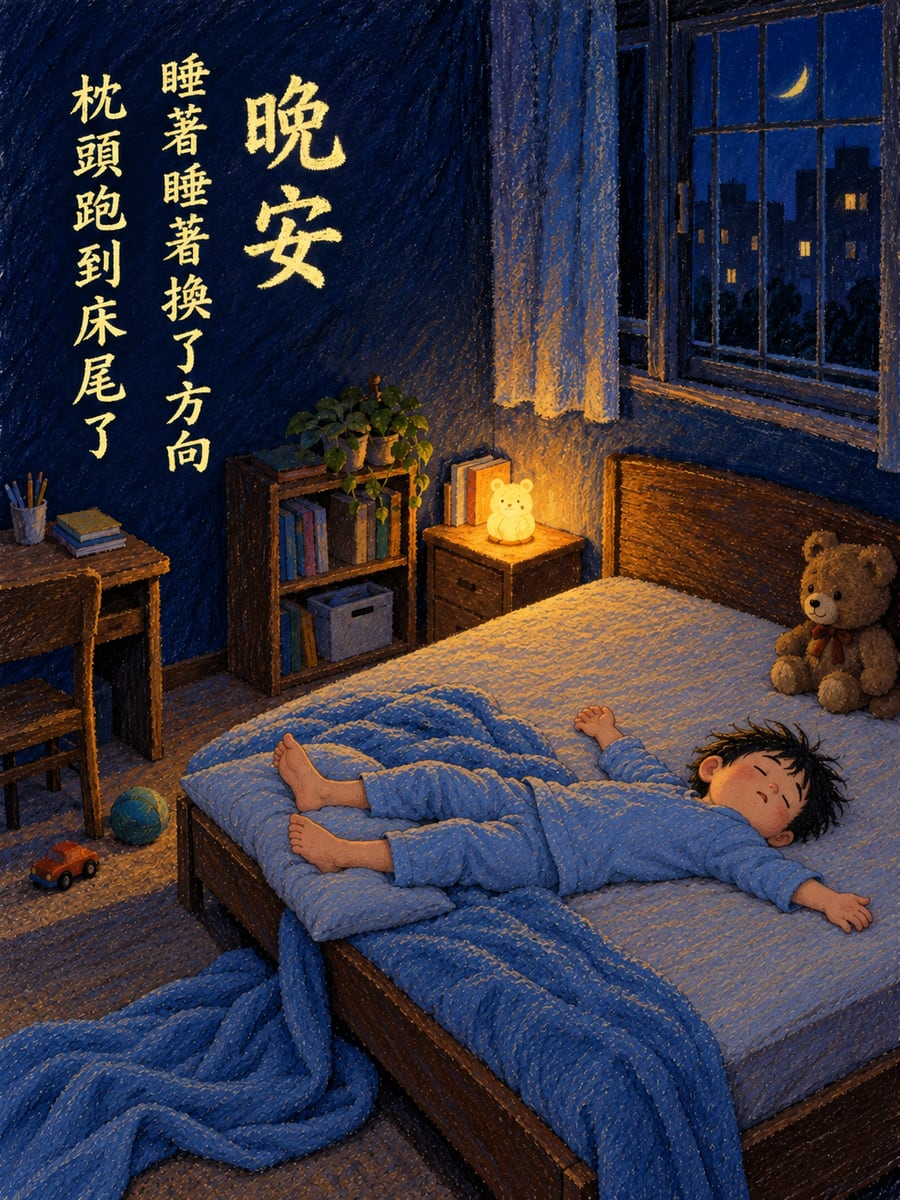 睡到轉方向。圖中文字：晚安，睡著睡著換了方向，枕頭跑到床尾了
