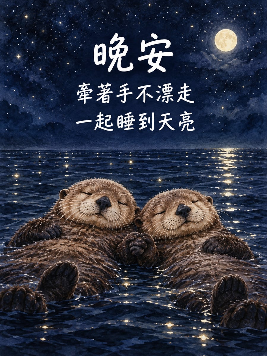 海獺牽手漂浮。圖中文字：晚安，牽著手不漂走，一起睡到天亮
