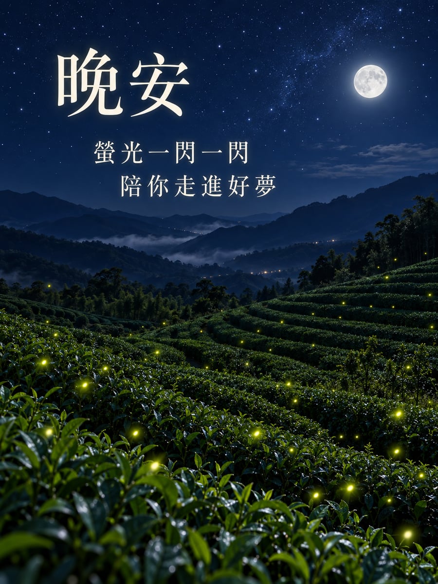 茶園螢火蟲。圖中文字：晚安，螢光一閃一閃，陪你走進好夢