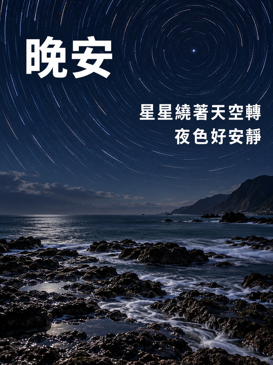礁岩海岸星軌。圖中文字：晚安，星星繞著天空轉，夜色好安靜