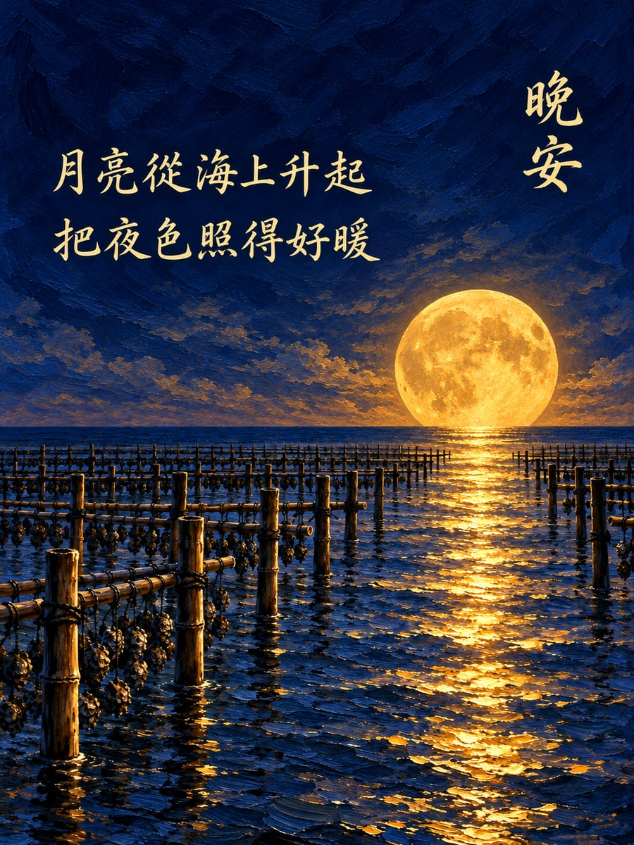 蚵棚月出。圖中文字：晚安，月亮從海上升起，把夜色照得好暖