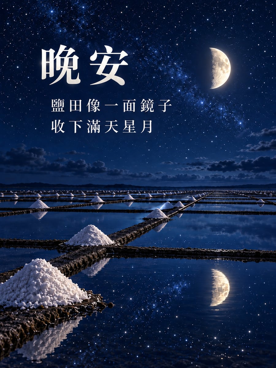 鹽田映月。圖中文字：晚安，鹽田像一面鏡子，收下滿天星月