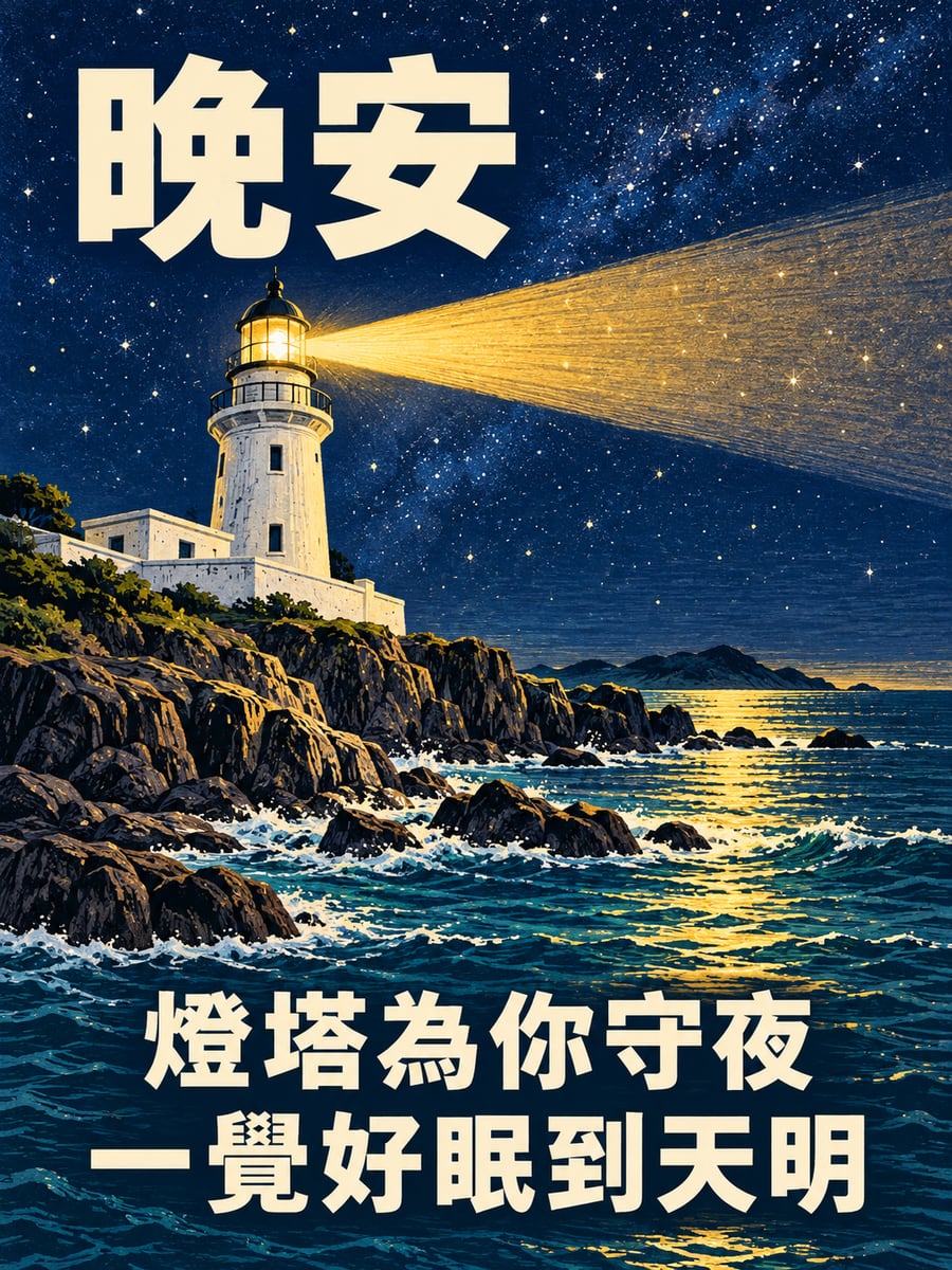 燈塔與星空。圖中文字：晚安，燈塔為你守夜，一覺好眠到天明