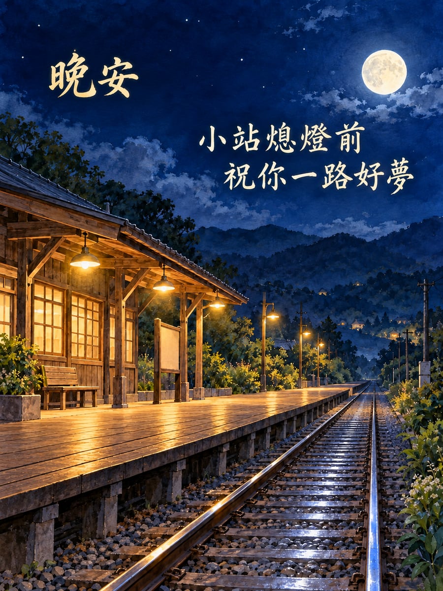 木造小車站。圖中文字：晚安，小站熄燈前，祝你一路好夢