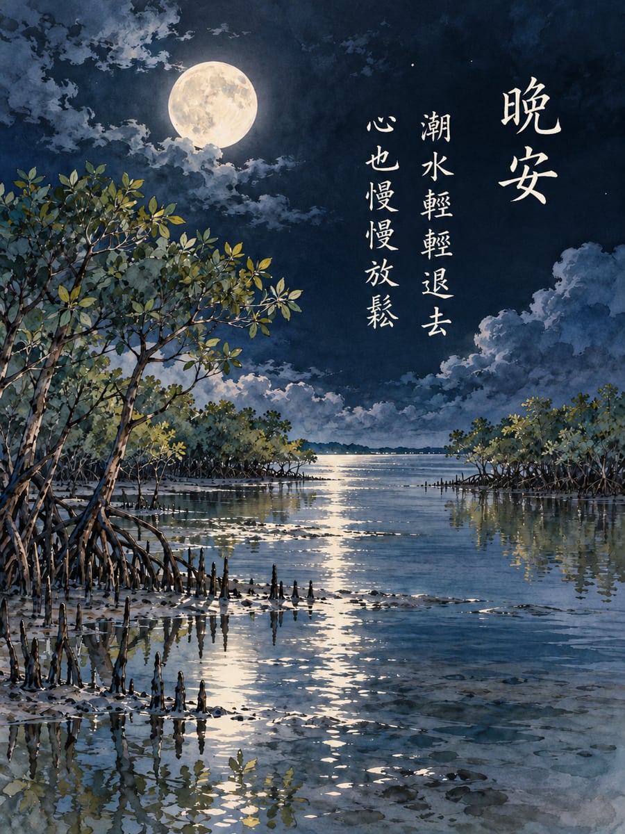 紅樹林月色。圖中文字：晚安，潮水輕輕退去，心也慢慢放鬆