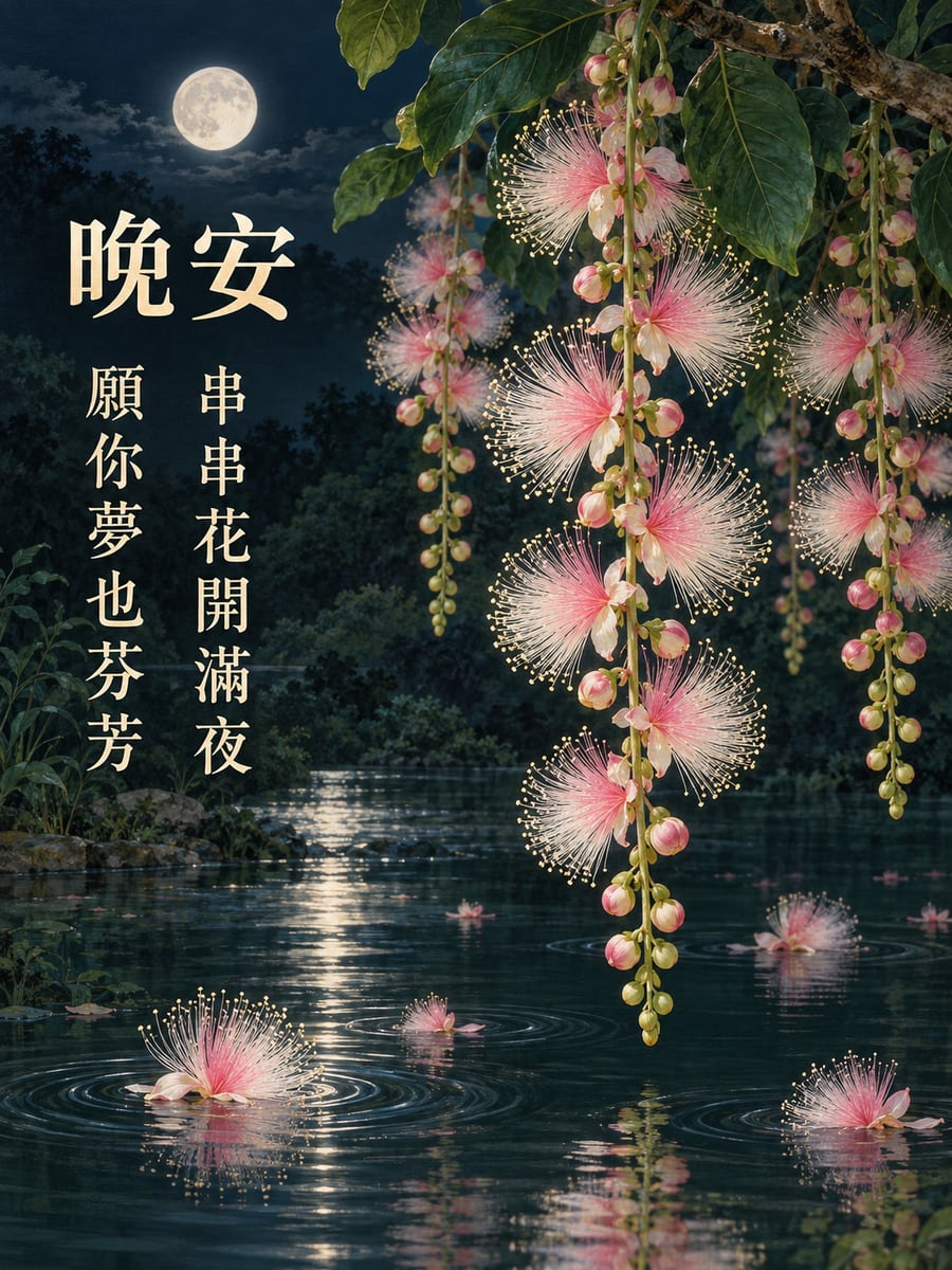 穗花棋盤腳夜開。圖中文字：晚安，串串花開滿夜，願你夢也芬芳