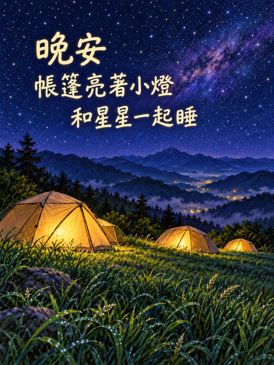 星空下的帳篷。圖中文字：晚安，帳篷亮著小燈，和星星一起睡