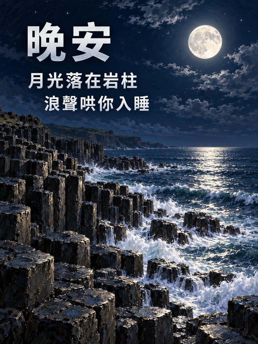 玄武岩月色。圖中文字：晚安，月光落在岩柱，浪聲哄你入睡