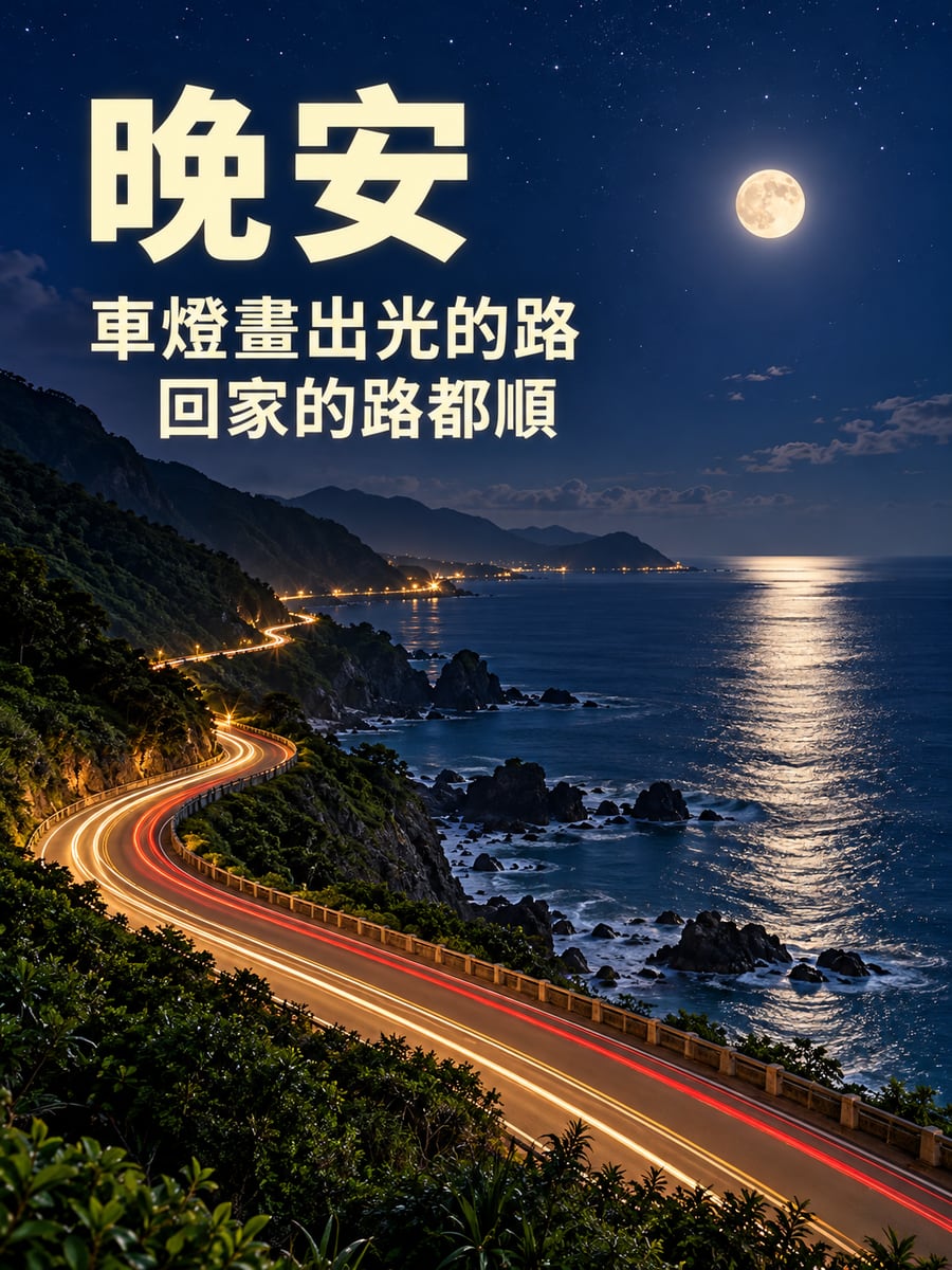 海岸公路光軌。圖中文字：晚安，車燈畫出光的路，回家的路都順