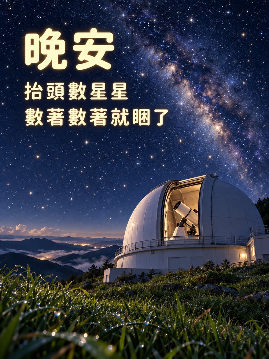 天文台星空。圖中文字：晚安，抬頭數星星，數著數著就睏了