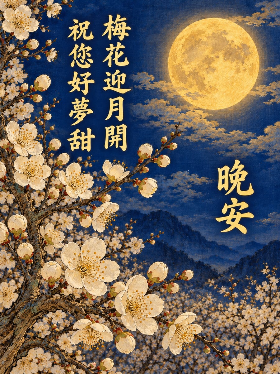 月下梅花。圖中文字：晚安，梅花迎月開，祝您好夢甜