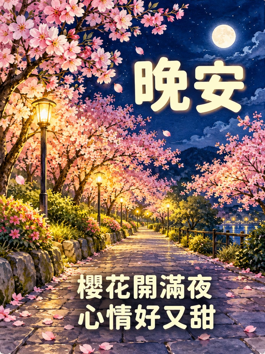 夜櫻步道。圖中文字：晚安，櫻花開滿夜，心情好又甜