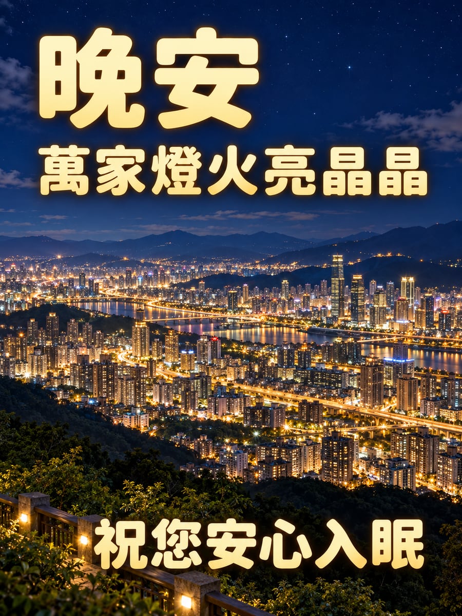 城市燈海。圖中文字：晚安，萬家燈火亮晶晶，祝您安心入眠