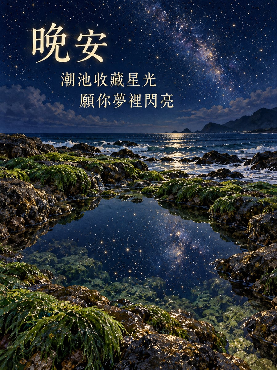 潮池映星。圖中文字：晚安，潮池收藏星光，願你夢裡閃亮