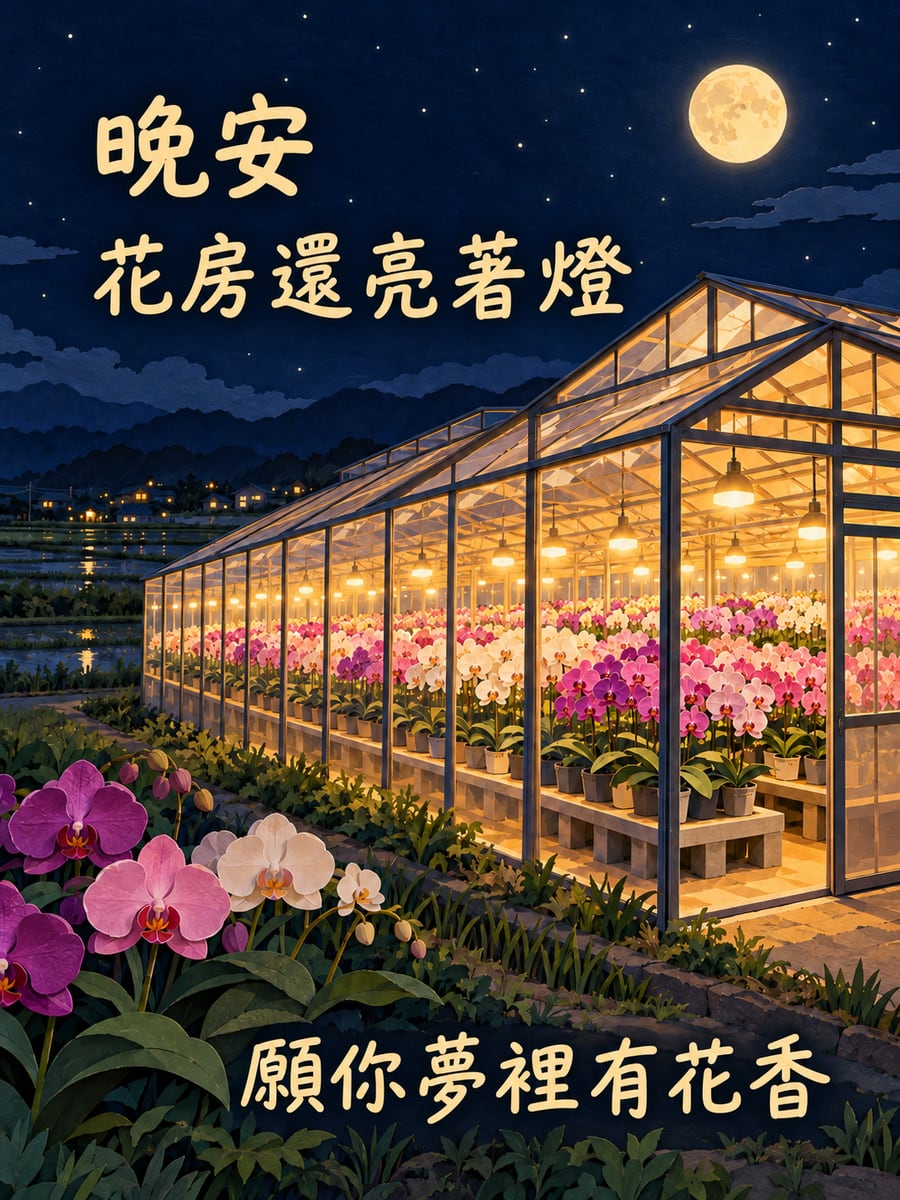 夜裡的蘭花溫室。圖中文字：晚安，花房還亮著燈，願你夢裡有花香