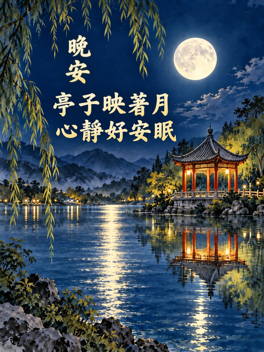 潭畔涼亭明月。圖中文字：晚安，亭子映著月，心靜好安眠