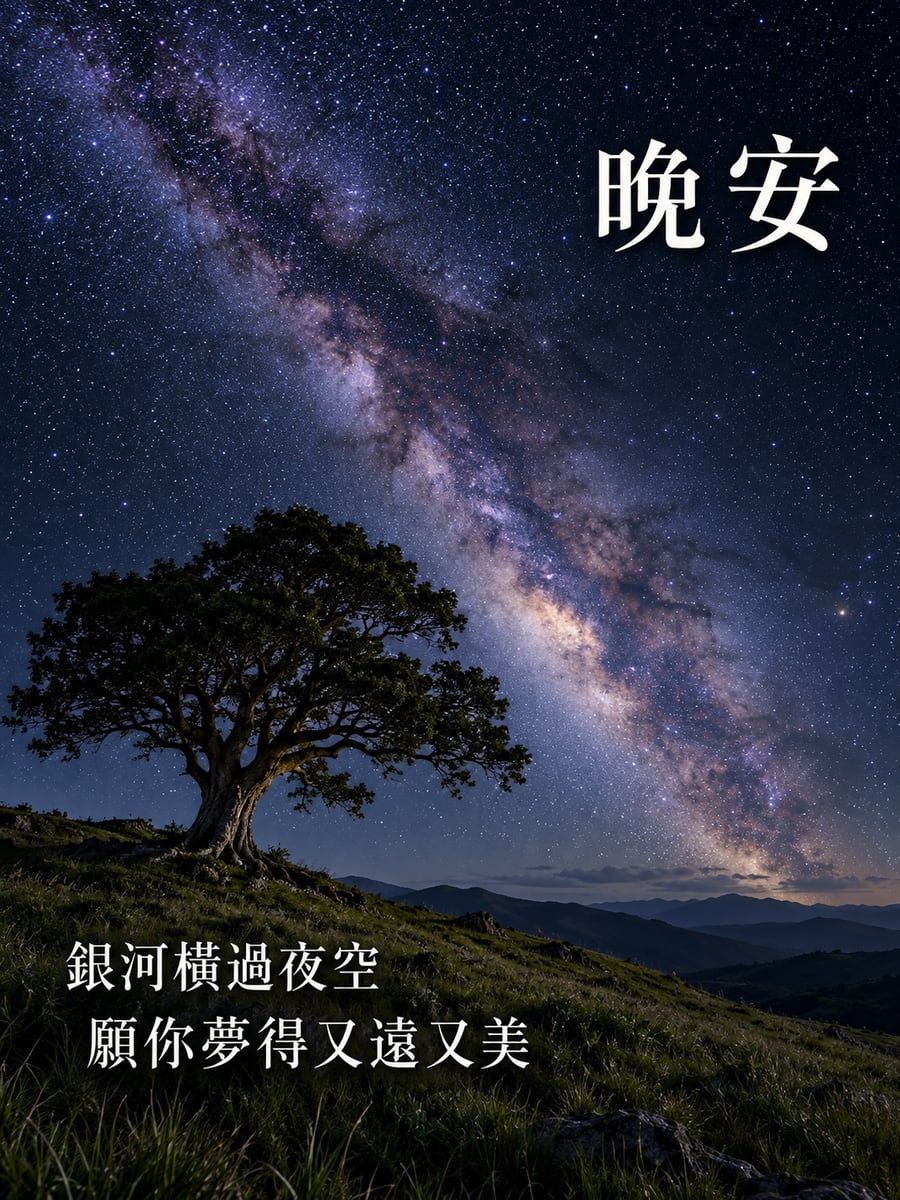草原孤樹銀河。圖中文字：晚安，銀河橫過夜空，願你夢得又遠又美