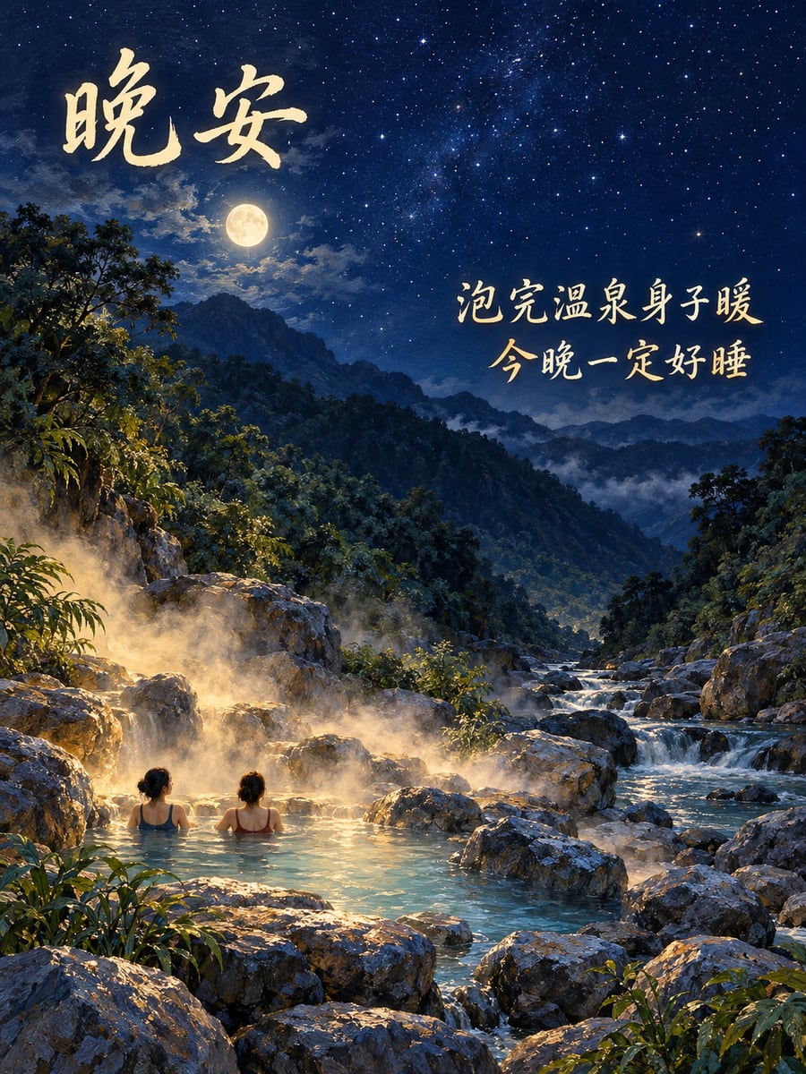 野溪溫泉星空。圖中文字：晚安，泡完溫泉身子暖，今晚一定好睡