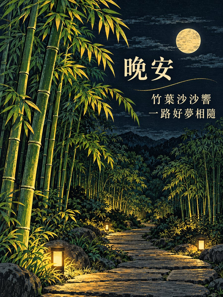 竹林小徑地燈。圖中文字：晚安，竹葉沙沙響，一路好夢相隨