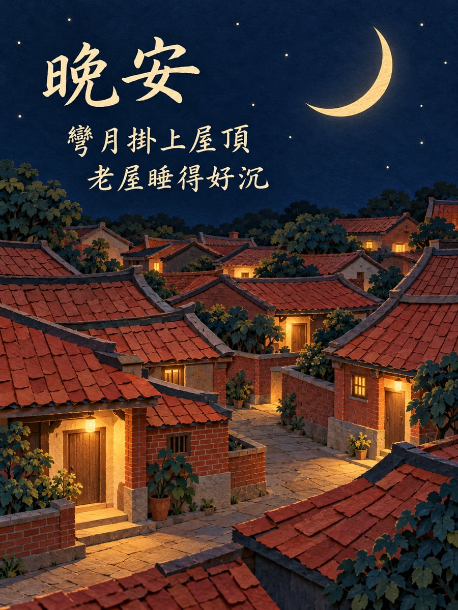 紅瓦屋頂新月。圖中文字：晚安，彎月掛上屋頂，老屋睡得好沉