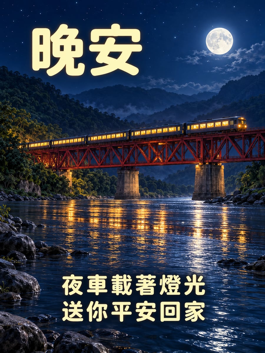 夜行列車過鐵橋。圖中文字：晚安，夜車載著燈光，送你平安回家