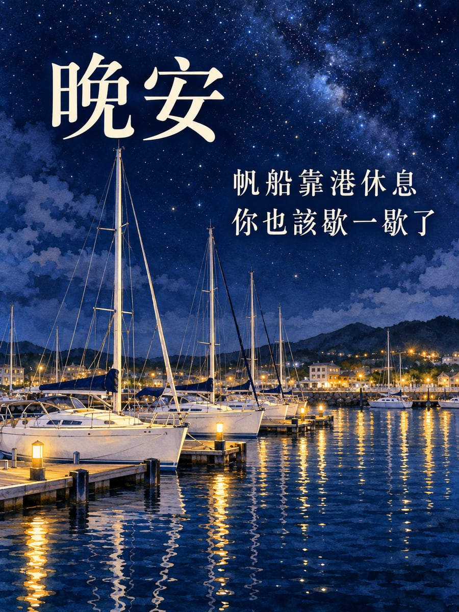 帆船港星空。圖中文字：晚安，帆船靠港休息，你也該歇一歇了