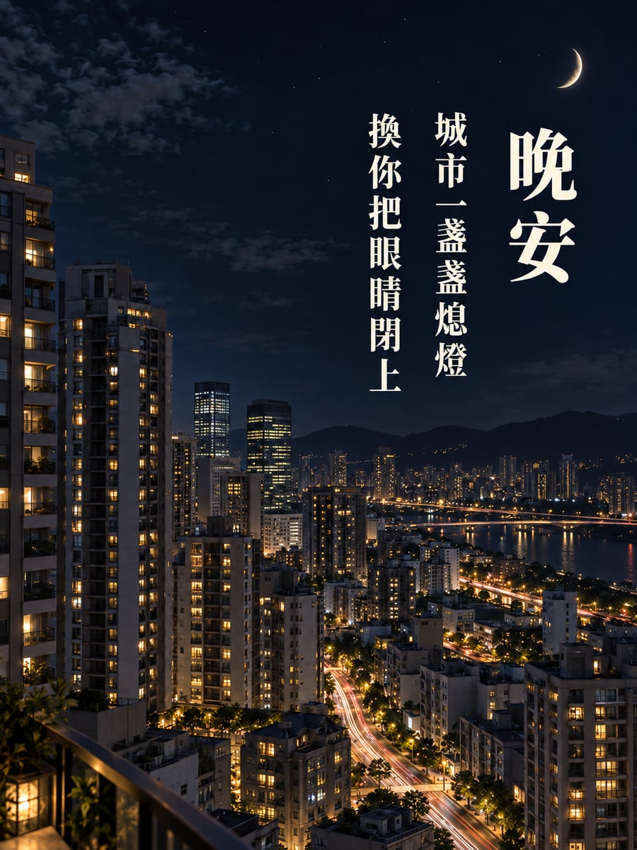 高樓燈火一盞盞熄。圖中文字：晚安，城市一盞盞熄燈，換你把眼睛閉上