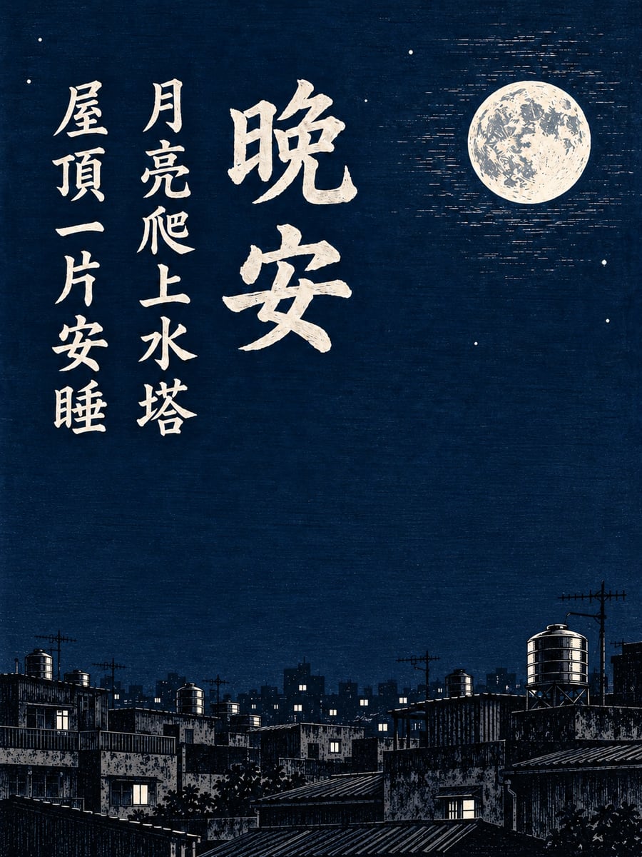 水塔上的月亮。圖中文字：晚安，月亮爬上水塔，屋頂一片安睡