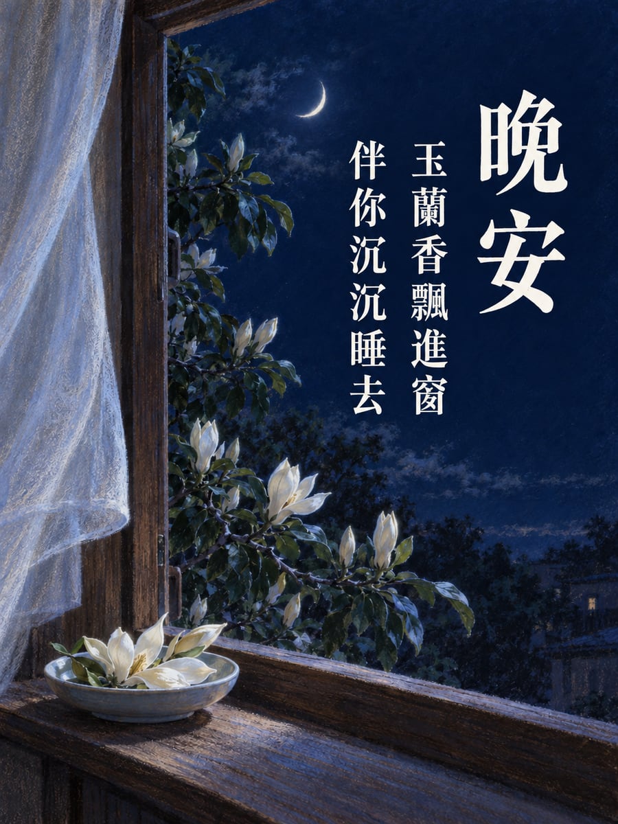 玉蘭香入窗。圖中文字：晚安，玉蘭香飄進窗，伴你沉沉睡去