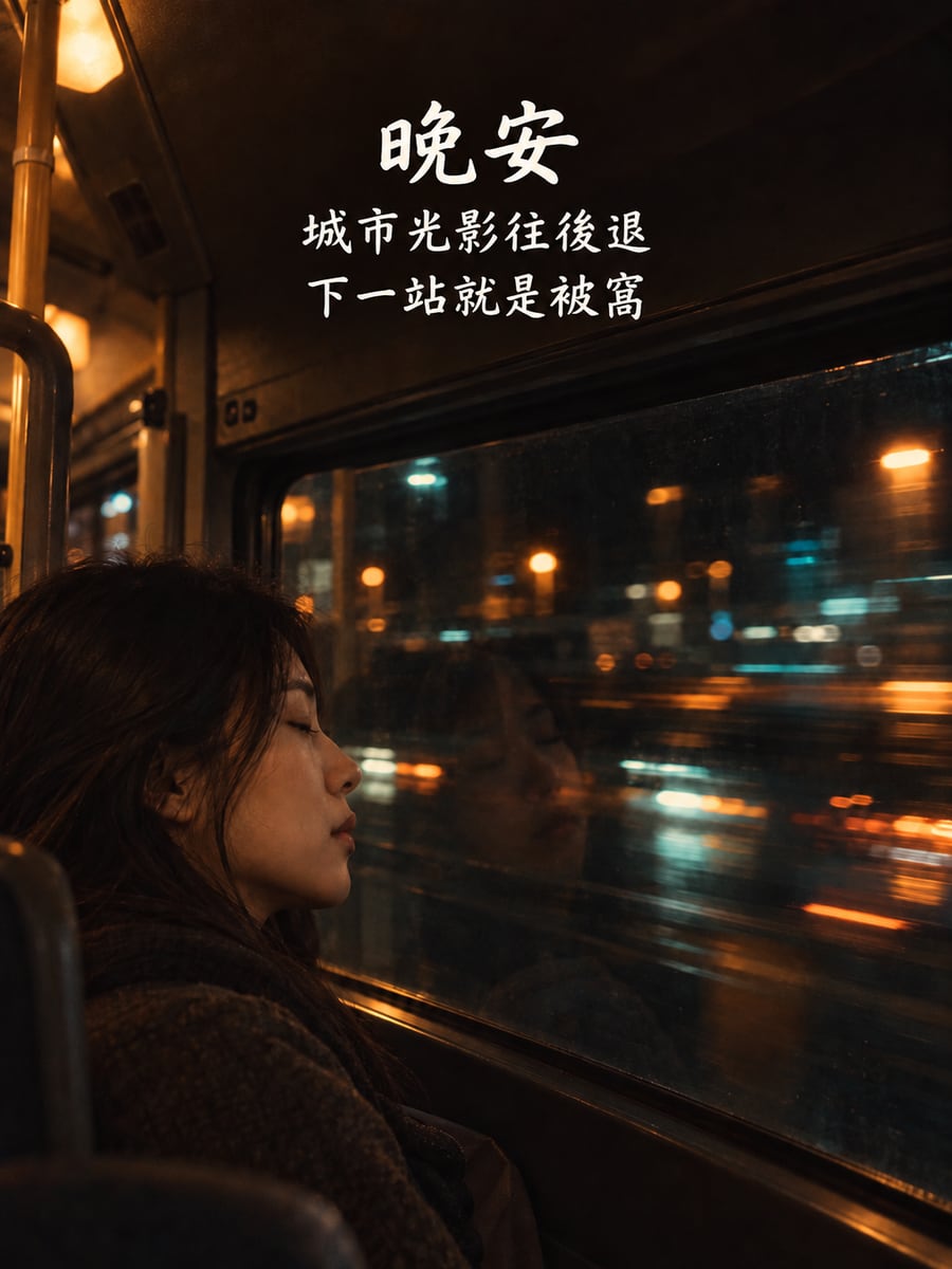 公車窗外光影。圖中文字：晚安，城市光影往後退，下一站就是被窩