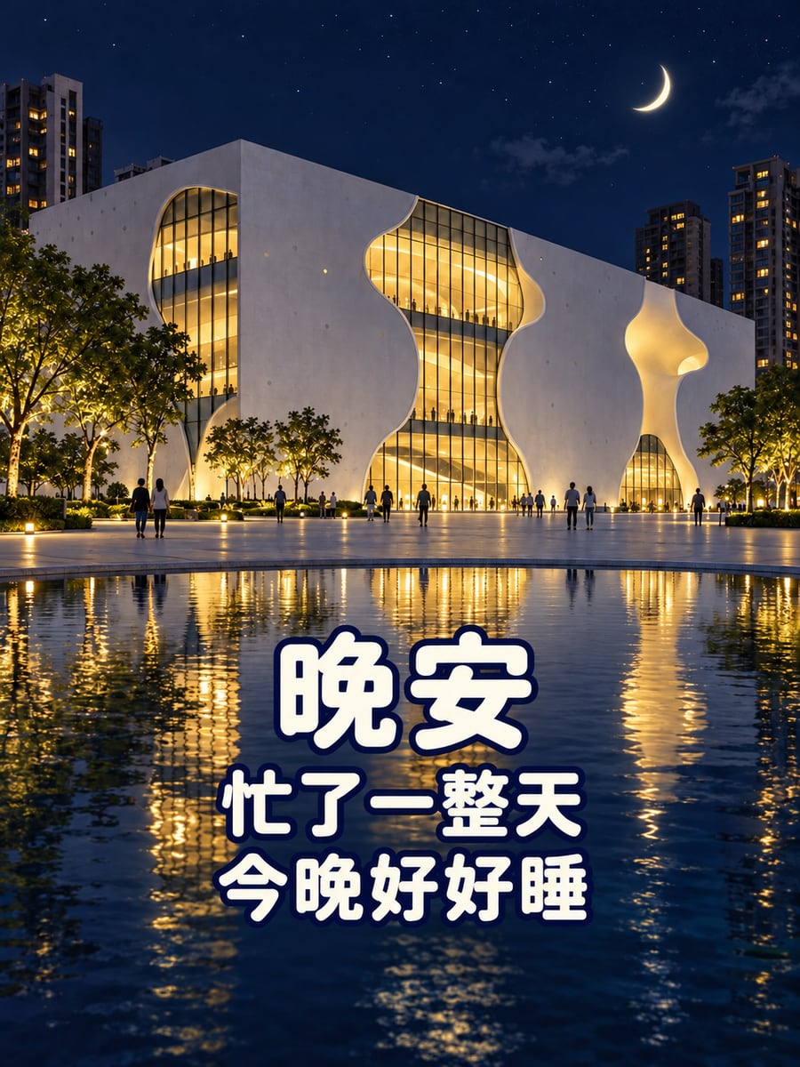 臺中歌劇院曲牆夜色。圖中文字：晚安，忙了一整天，今晚好好睡