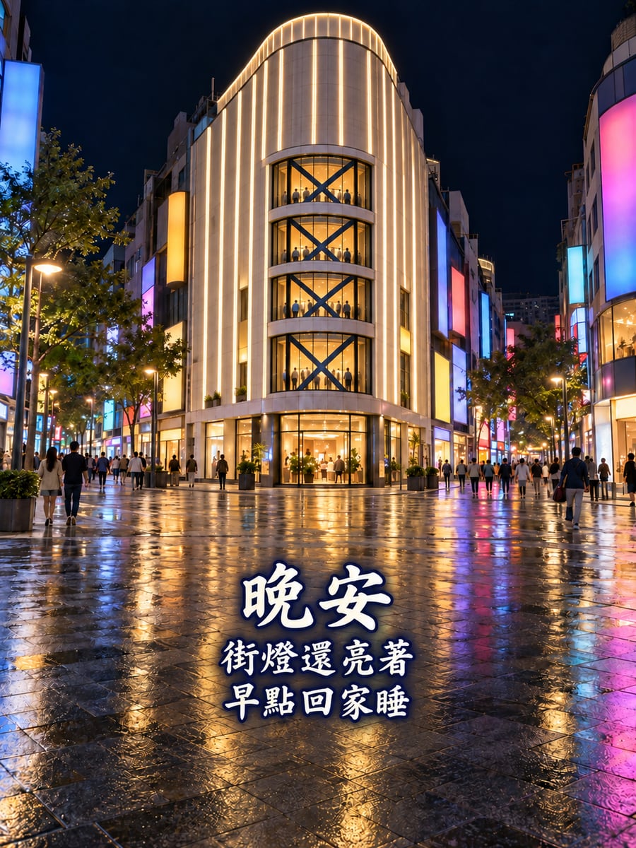 西門町夜晚。圖中文字：晚安，街燈還亮著，早點回家睡