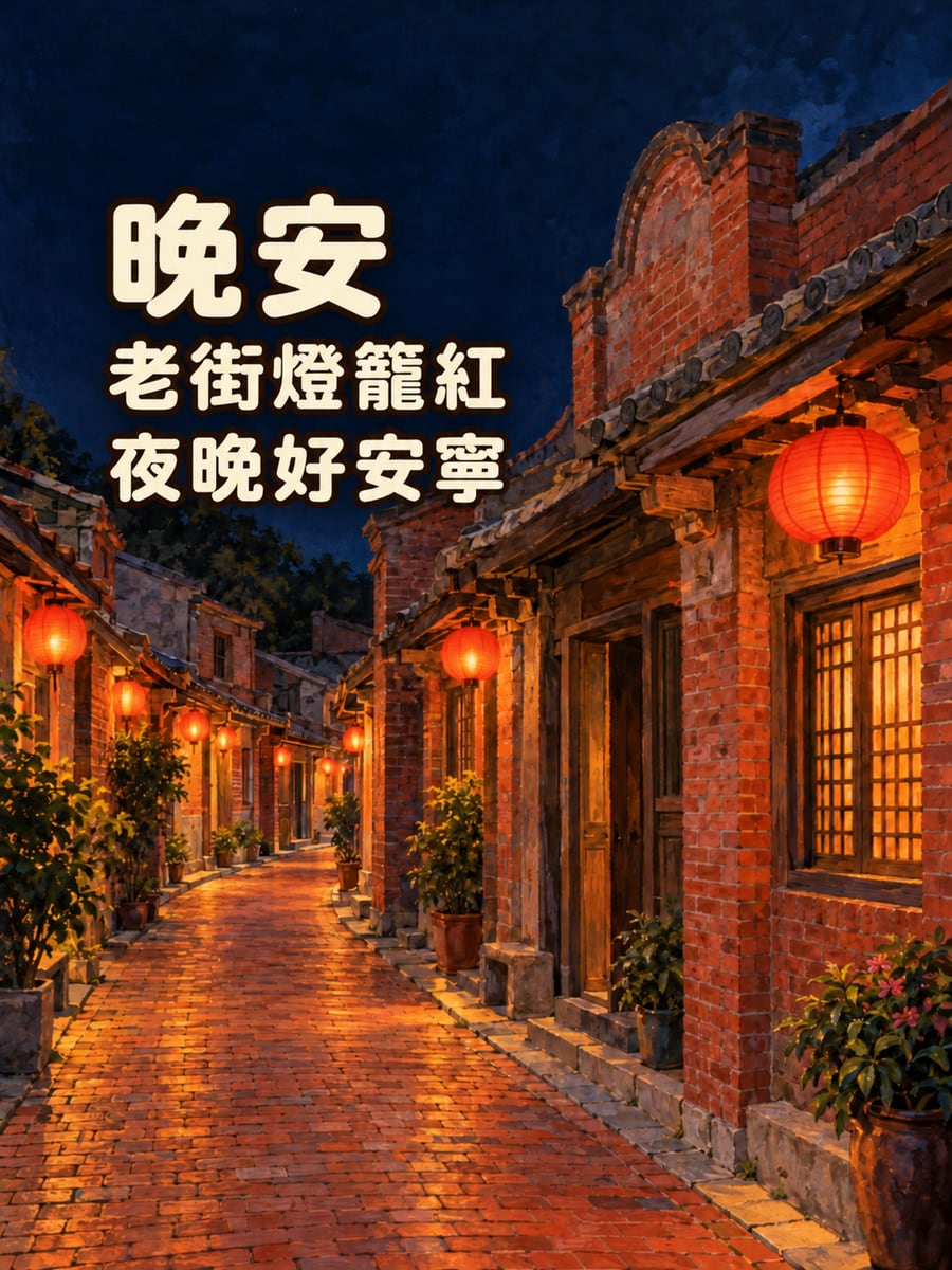 鹿港老街夜燈。圖中文字：晚安，老街燈籠紅，夜晚好安寧