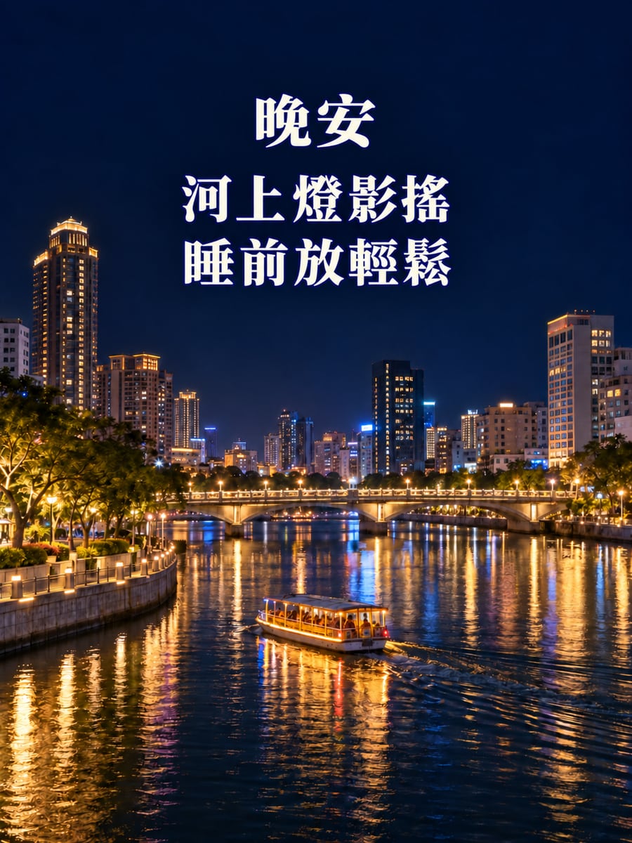 愛河夜色。圖中文字：晚安，河上燈影搖，睡前放輕鬆