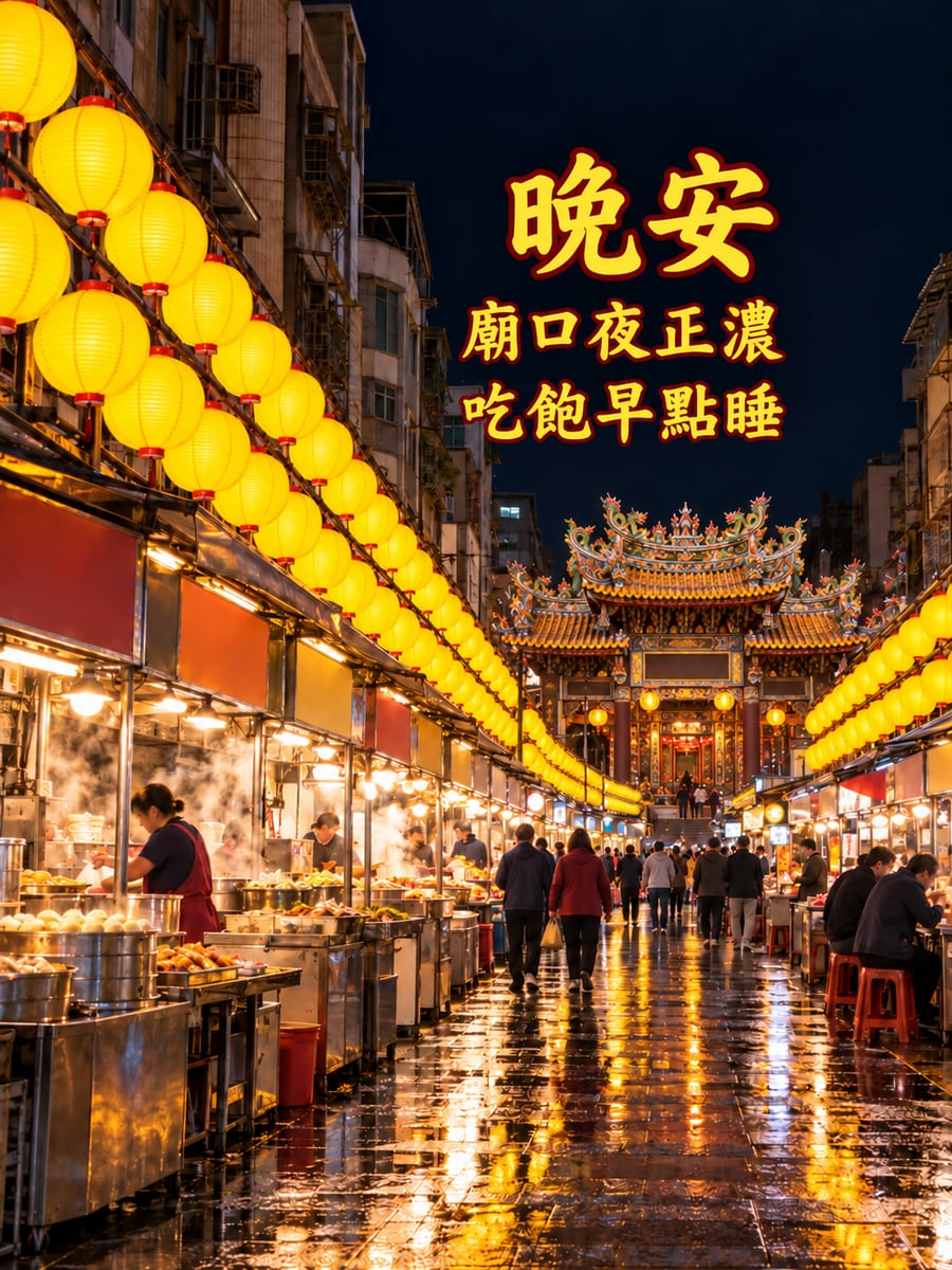 基隆廟口夜市。圖中文字：晚安，廟口夜正濃，吃飽早點睡